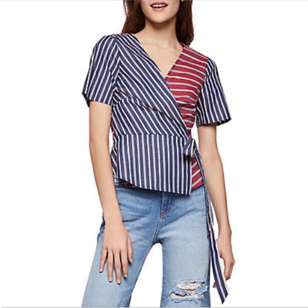 BCBGeneration shirt blue red mixed stripe surplice wrap